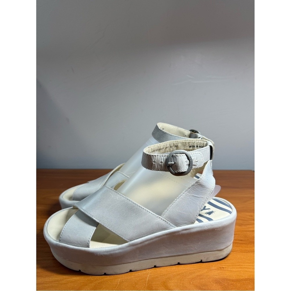 Fly London Ankle Strap Sandal Grey/Pale Blue Leather Platform Wedge Portugal 39